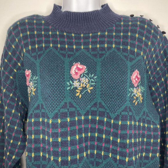 Vintage 80s Ninon de Lenclos Blue Green Check Sweater Floral Embroidered - Picture 2 of 8